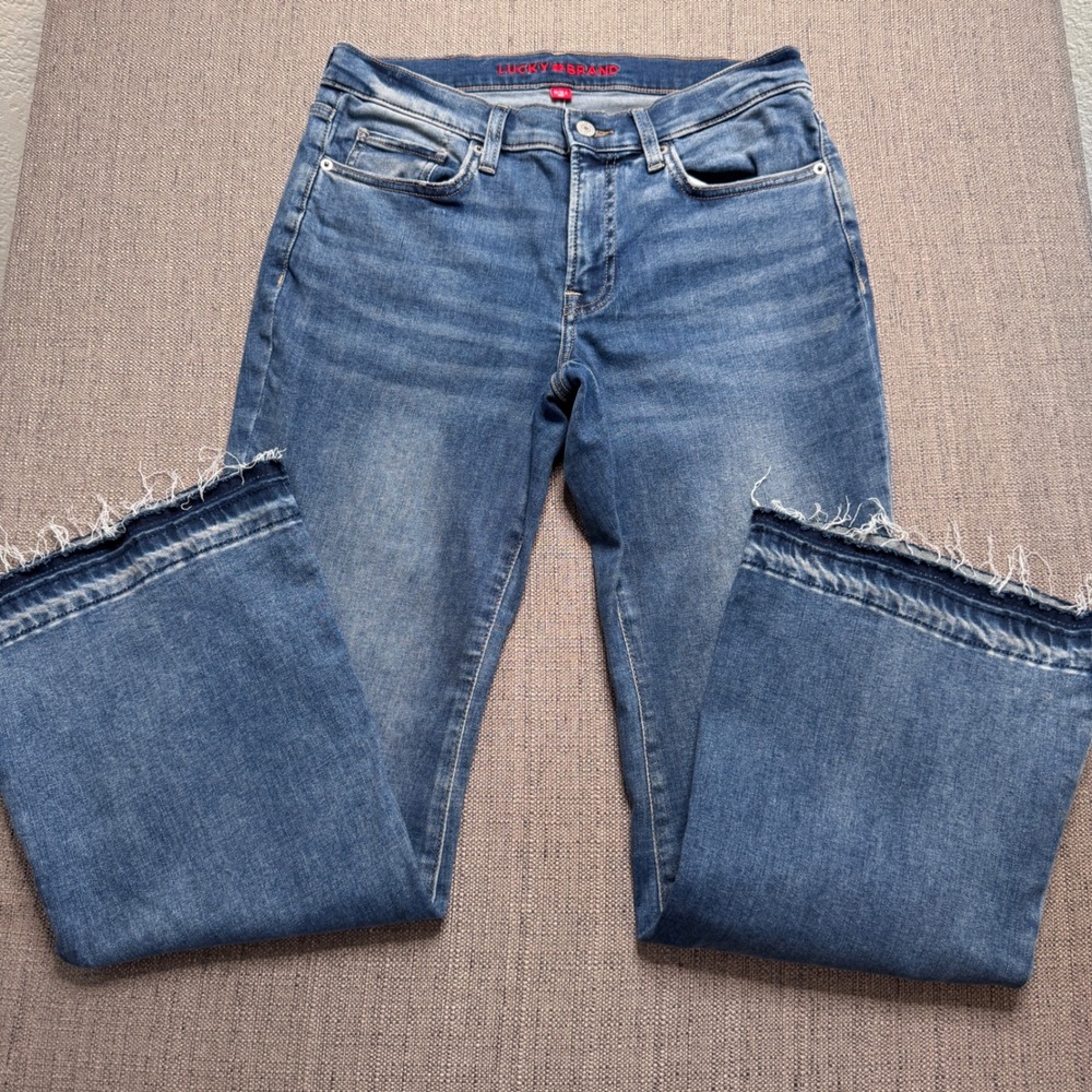 Lucky Brand Wide Leg Jeans Medium Wash Released Raw Hem Fringe Denim 10/30A
